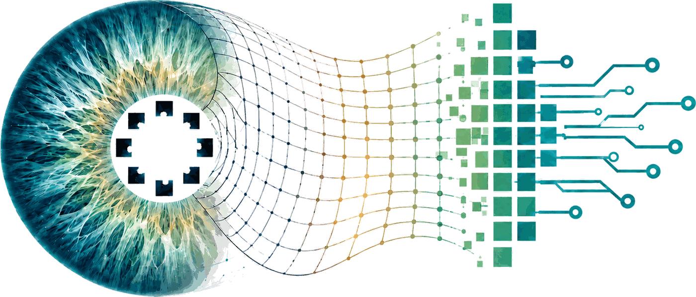 An eye whose iris resolves into a sampling grid and then into an
                  array of coloured units feeding a circuit — the passage from light
                  to representation to computation.