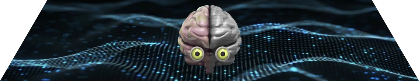 The humachine brain — half biological tissue, half binary
                    code — resting on a rippling field of data.